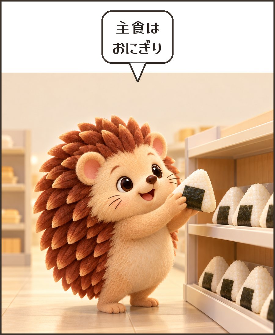 おにぎりを手に取るハリーちゃん「主食は おにぎり」