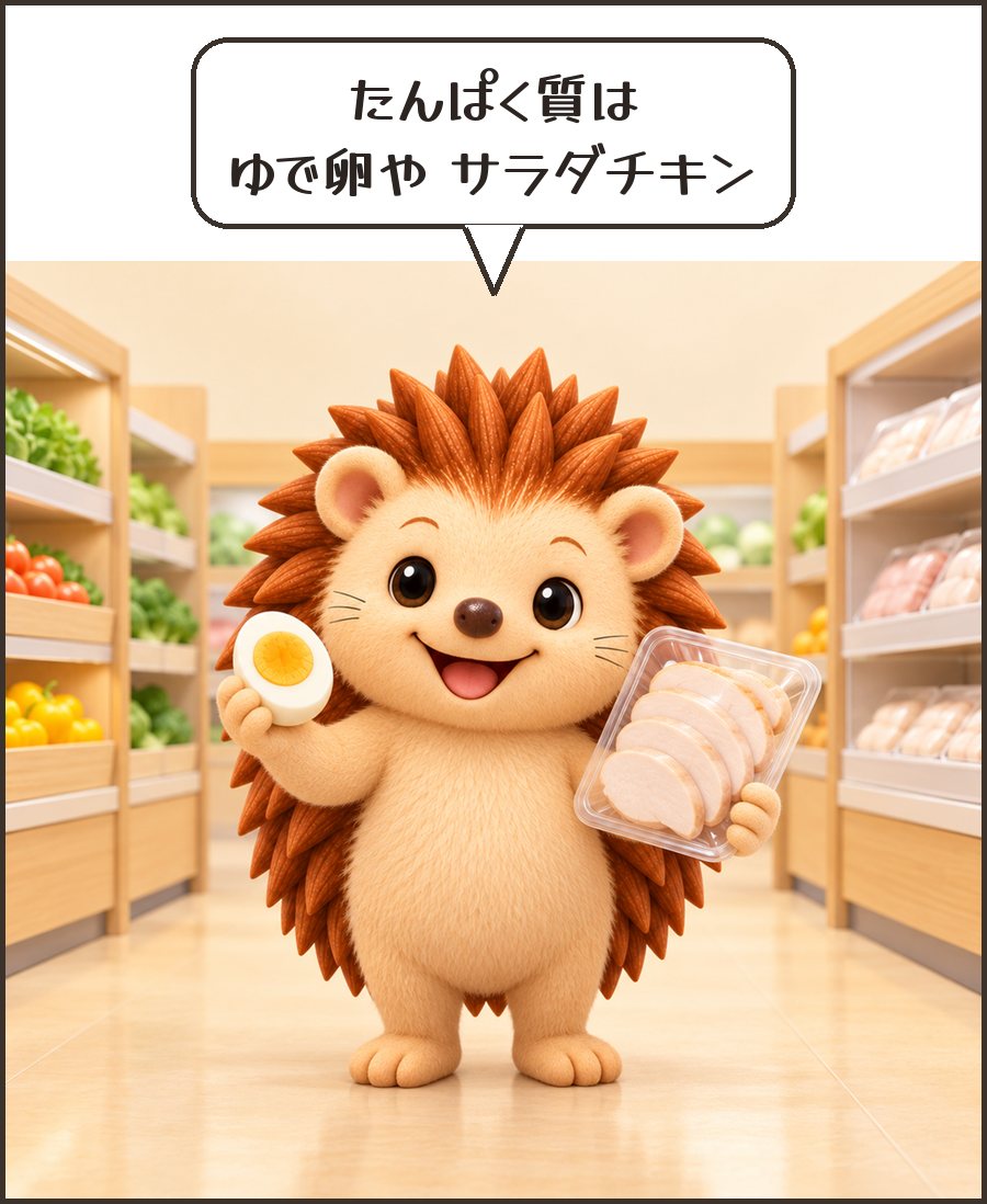 ゆで卵とサラダチキンを持つハリーちゃん「たんぱく質は ゆで卵や サラダチキン」