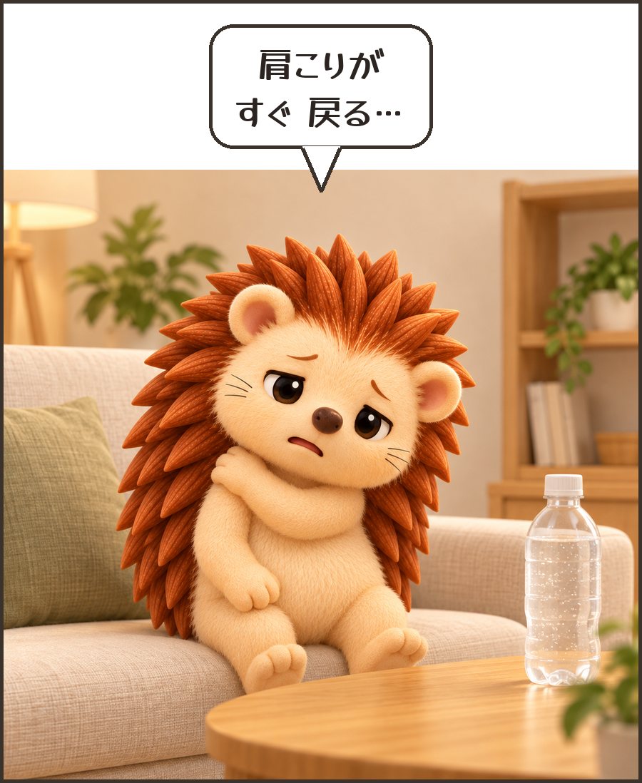 肩をさするハリーちゃん「肩こりが すぐ 戻る…」
