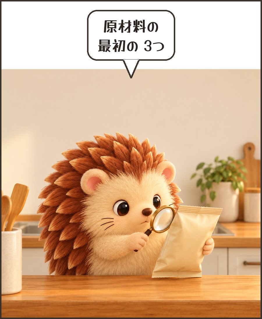 虫めがねで食品の裏を見るハリーちゃん「原材料の 最初の 3つ」