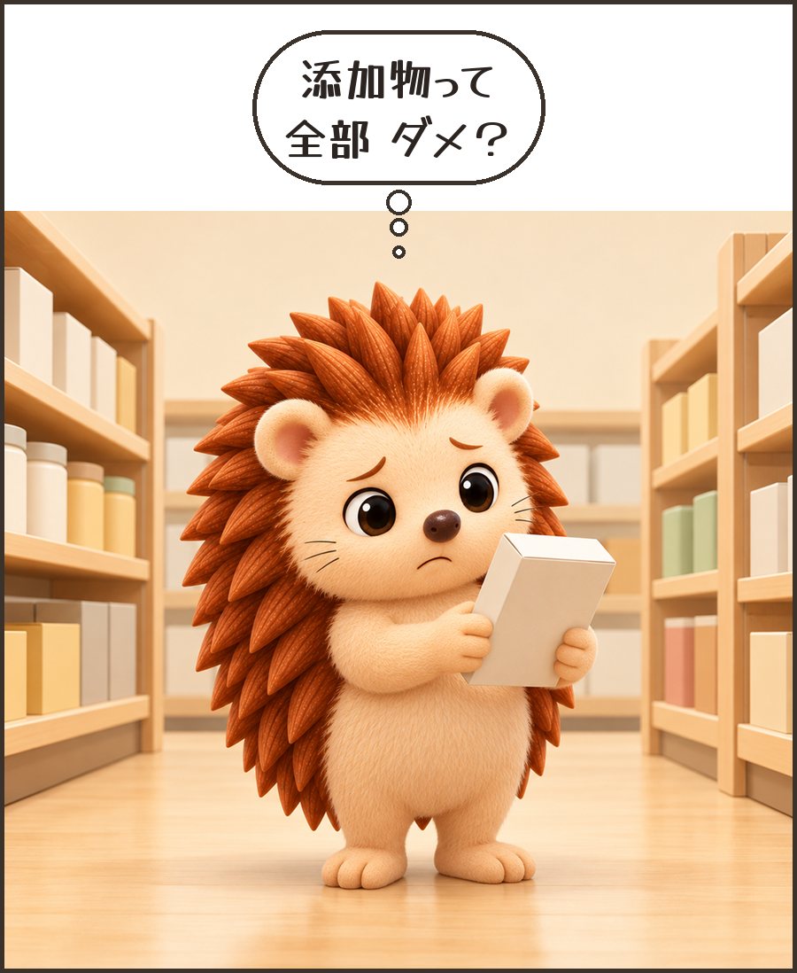食品の裏を見て不安そうなハリーちゃん「添加物って 全部 ダメ？」