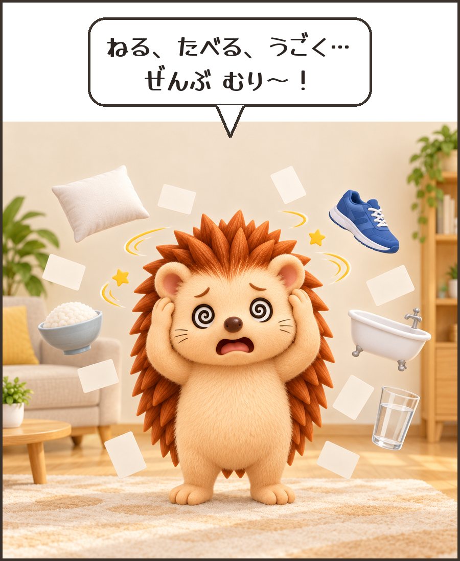 たくさんのことに目を回すハリーちゃん「ねる、たべる、うごく… ぜんぶ むり〜!」