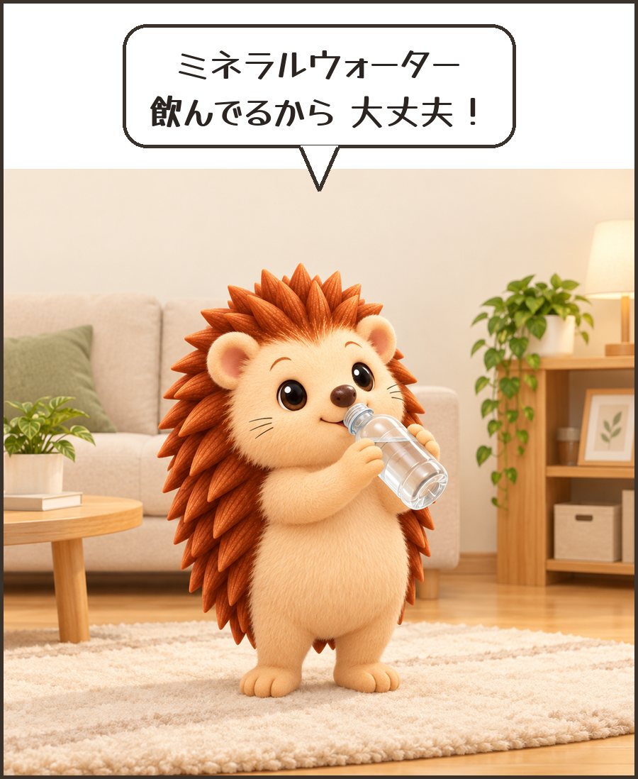 水を飲むハリーちゃん「ミネラルウォーター 飲んでるから 大丈夫！」