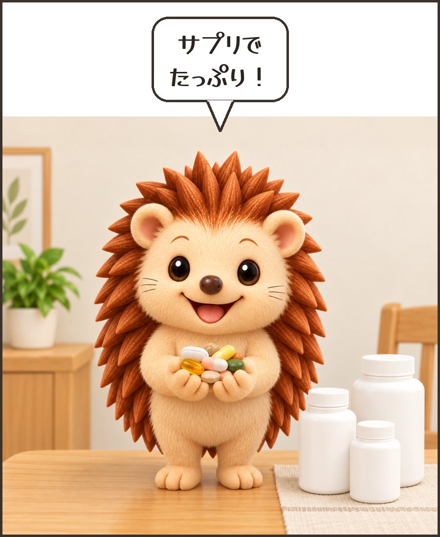 サプリを手にするハリーちゃん「サプリで たっぷり!」