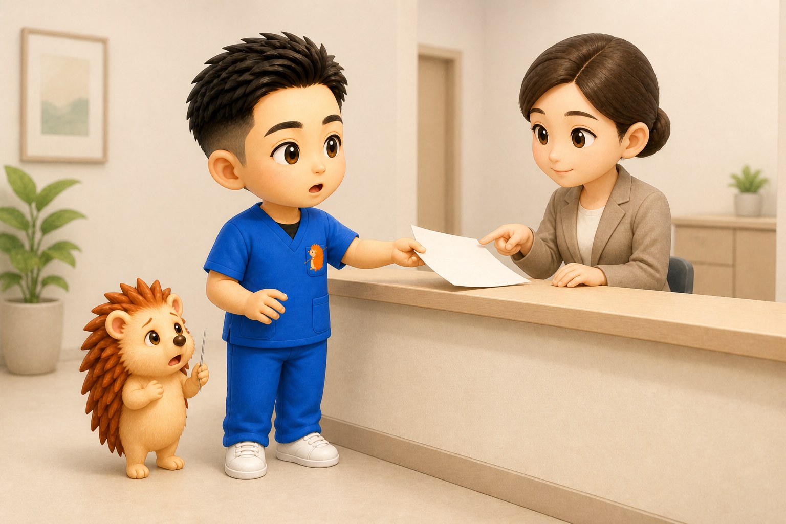 保健所の窓口で書類を提出するちび院長とハリーちゃん