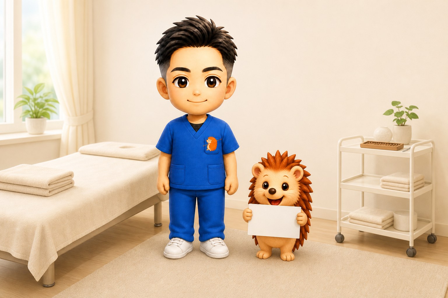 施術室に立つちび院長と、回数券を持つハリーちゃん