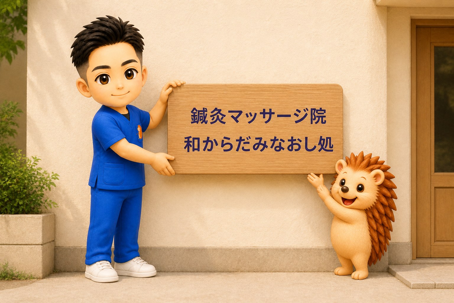 新しい看板を取り付けるちび院長とハリーちゃん