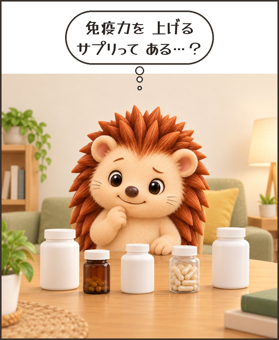 サプリのびんを見つめるハリーちゃん「免疫力を 上げる サプリって ある…？」