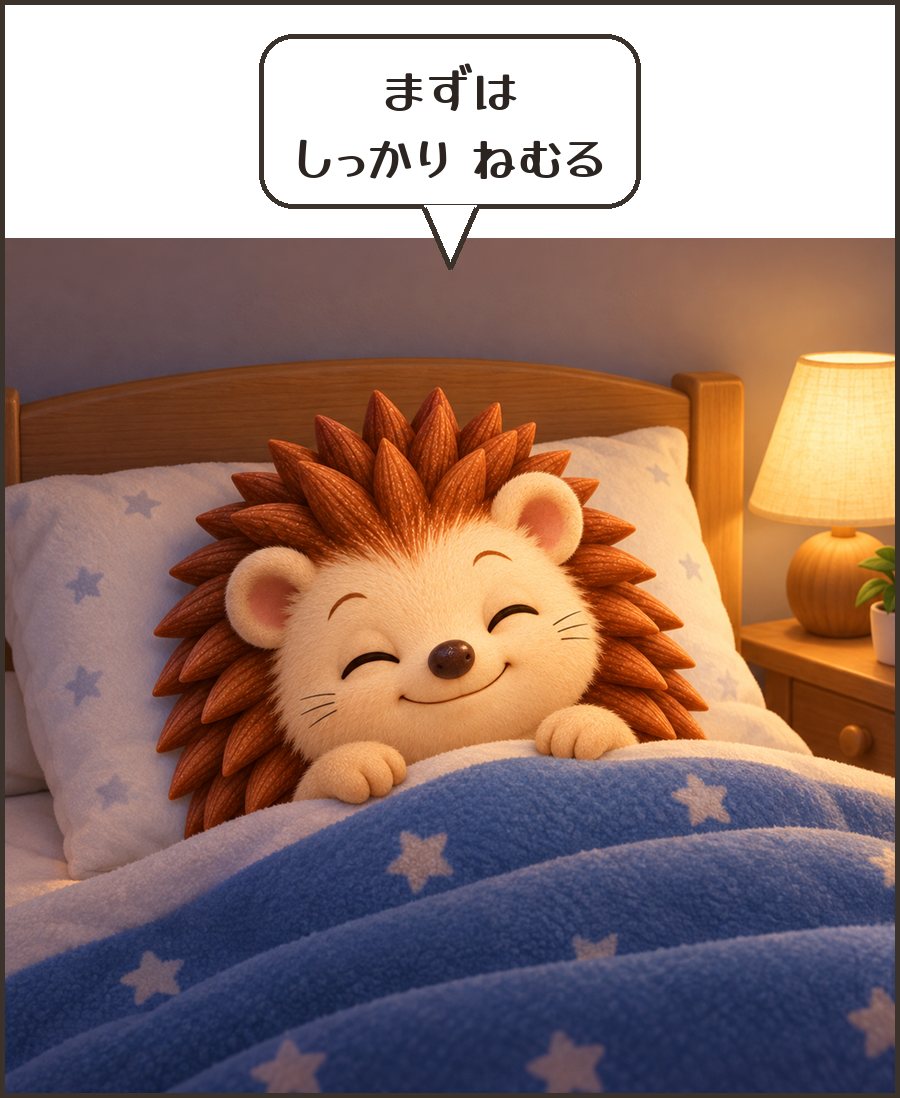 ぐっすり眠るハリーちゃん「まずは しっかり ねむる」