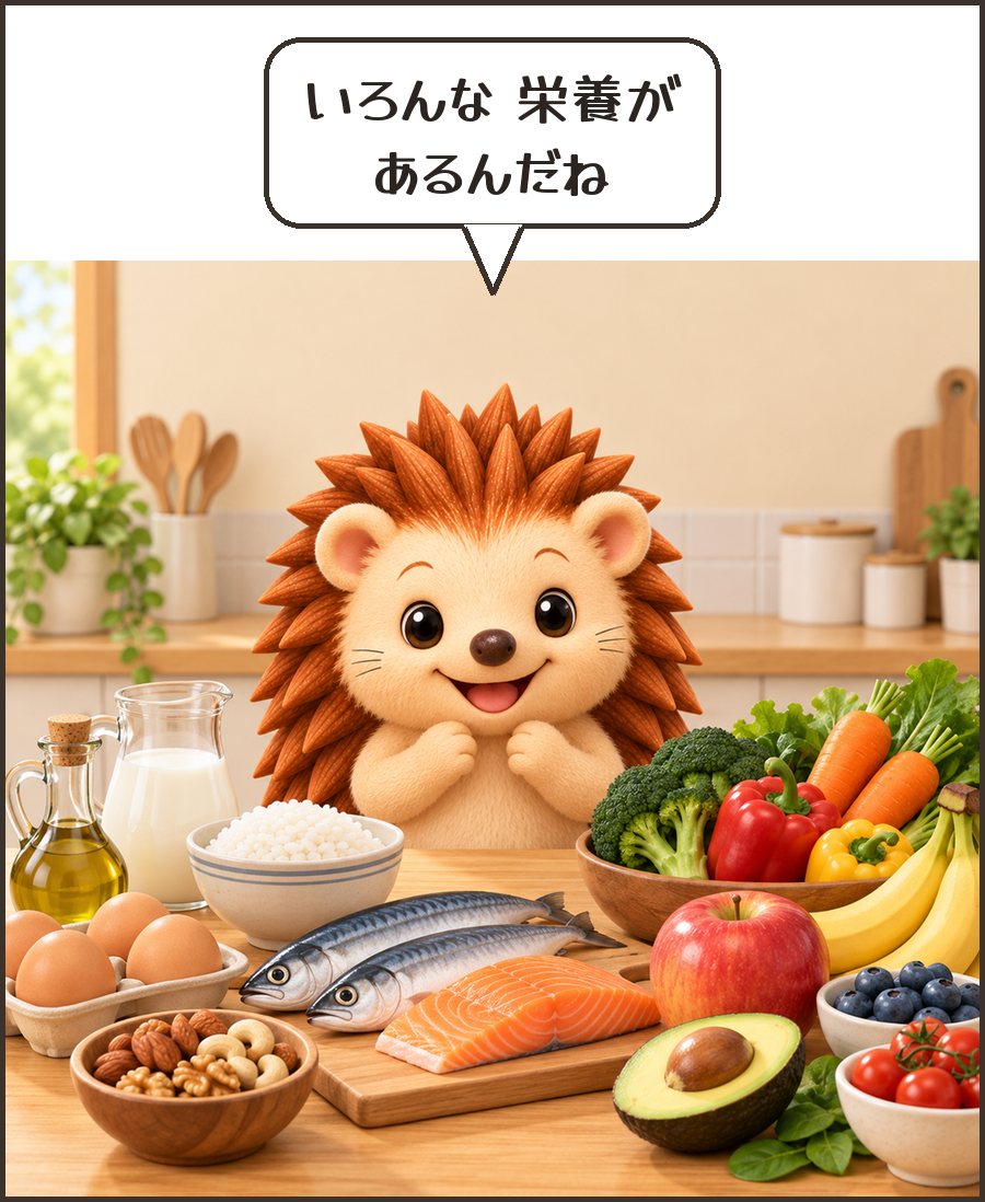 たくさんの食材を見るハリーちゃん「いろんな 栄養が あるんだね」