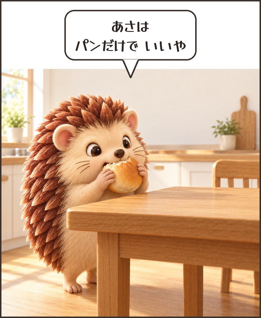 パンだけをかじるハリーちゃん「あさは パンだけで いいや」