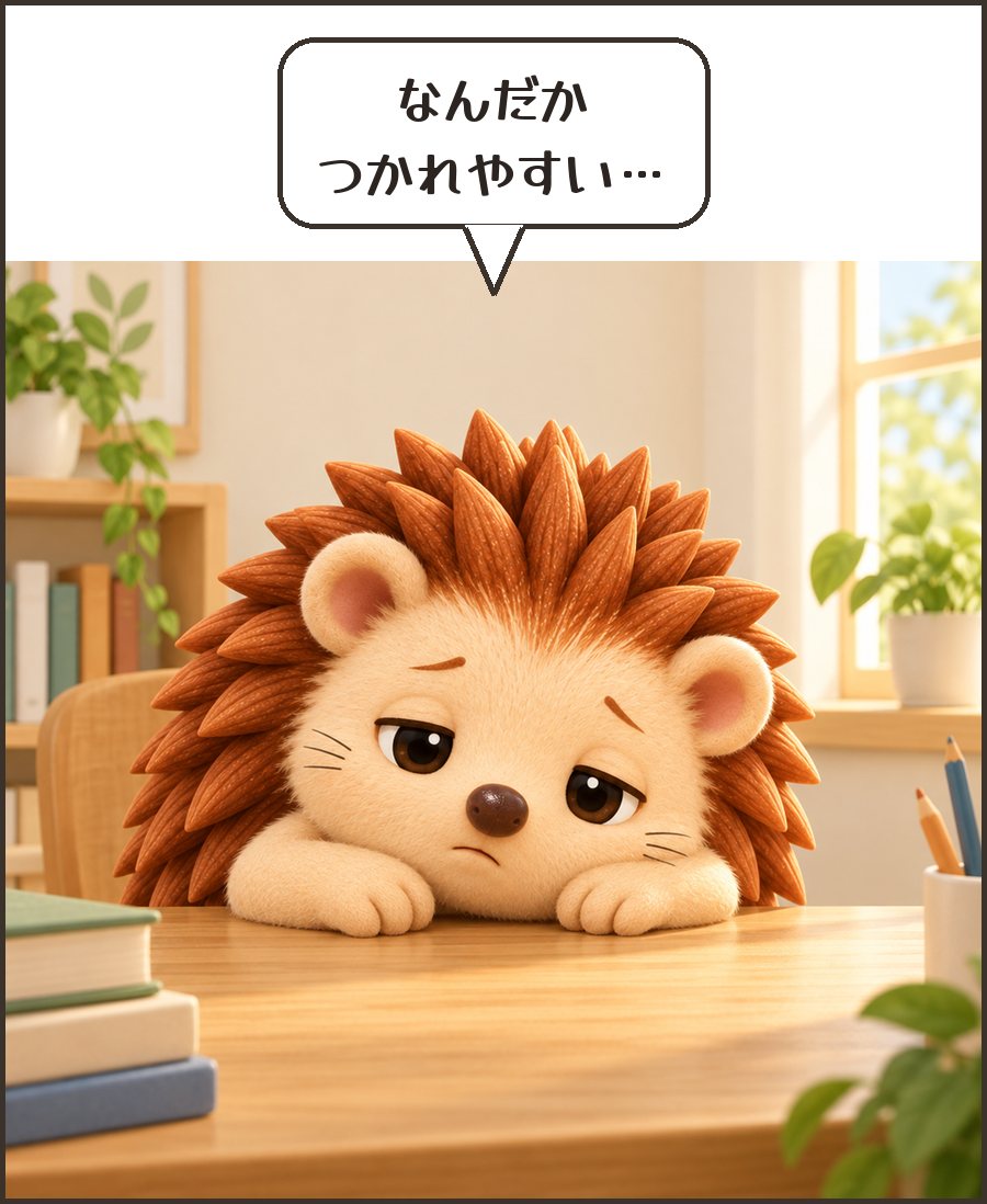 机にぐったりするハリーちゃん「なんだか つかれやすい…」