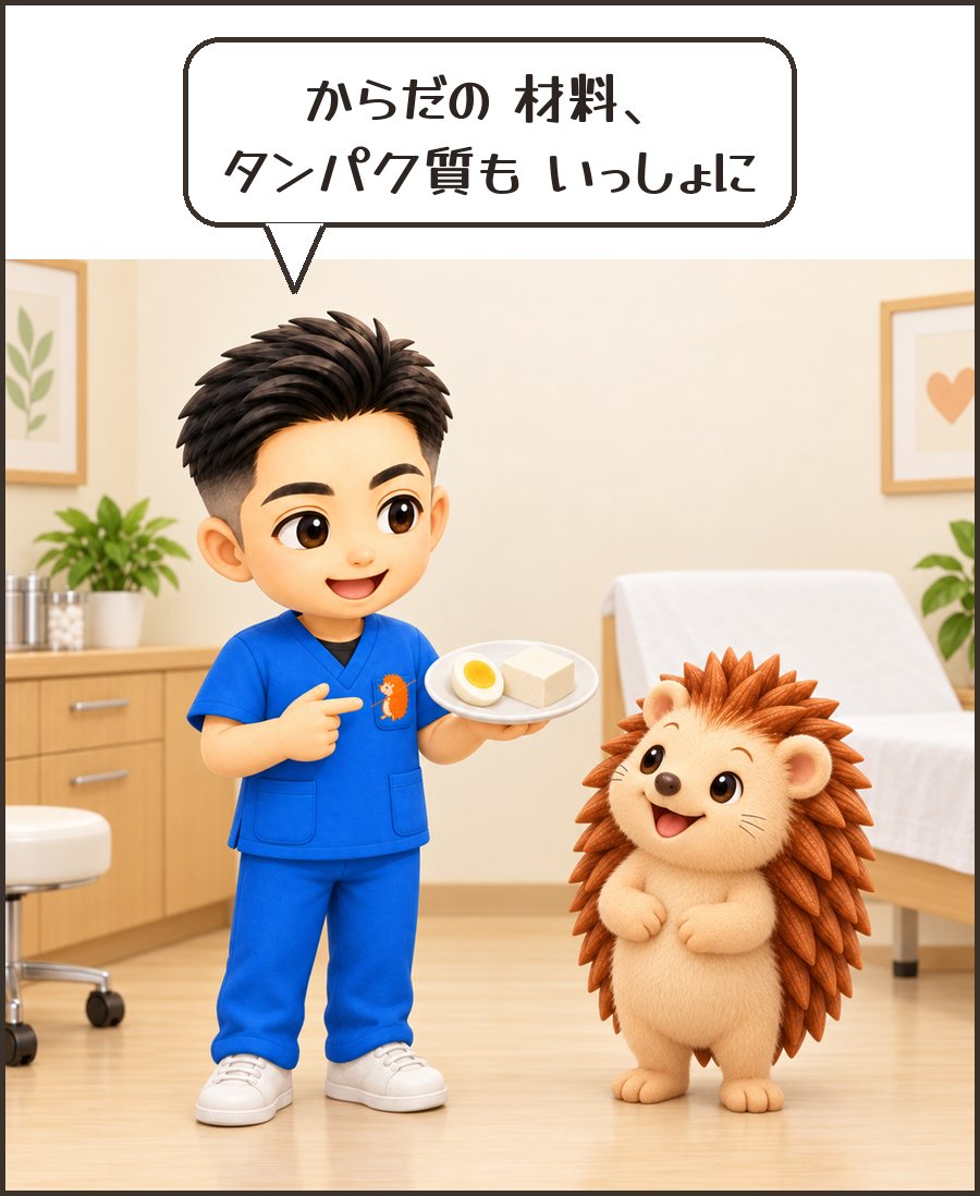 卵と豆腐のお皿を見せる院長「からだの 材料、タンパク質も いっしょに」