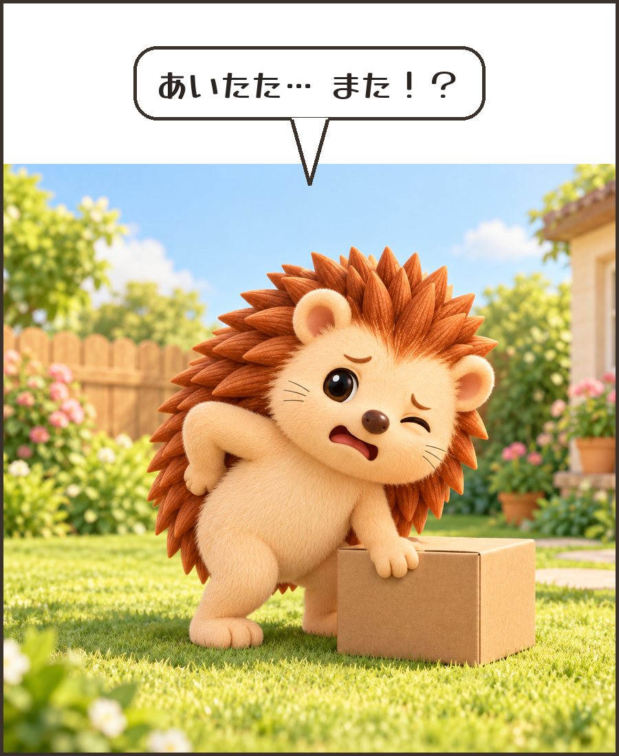 箱を持ち上げようとして腰を押さえるハリーちゃん「あいたた… また！？」