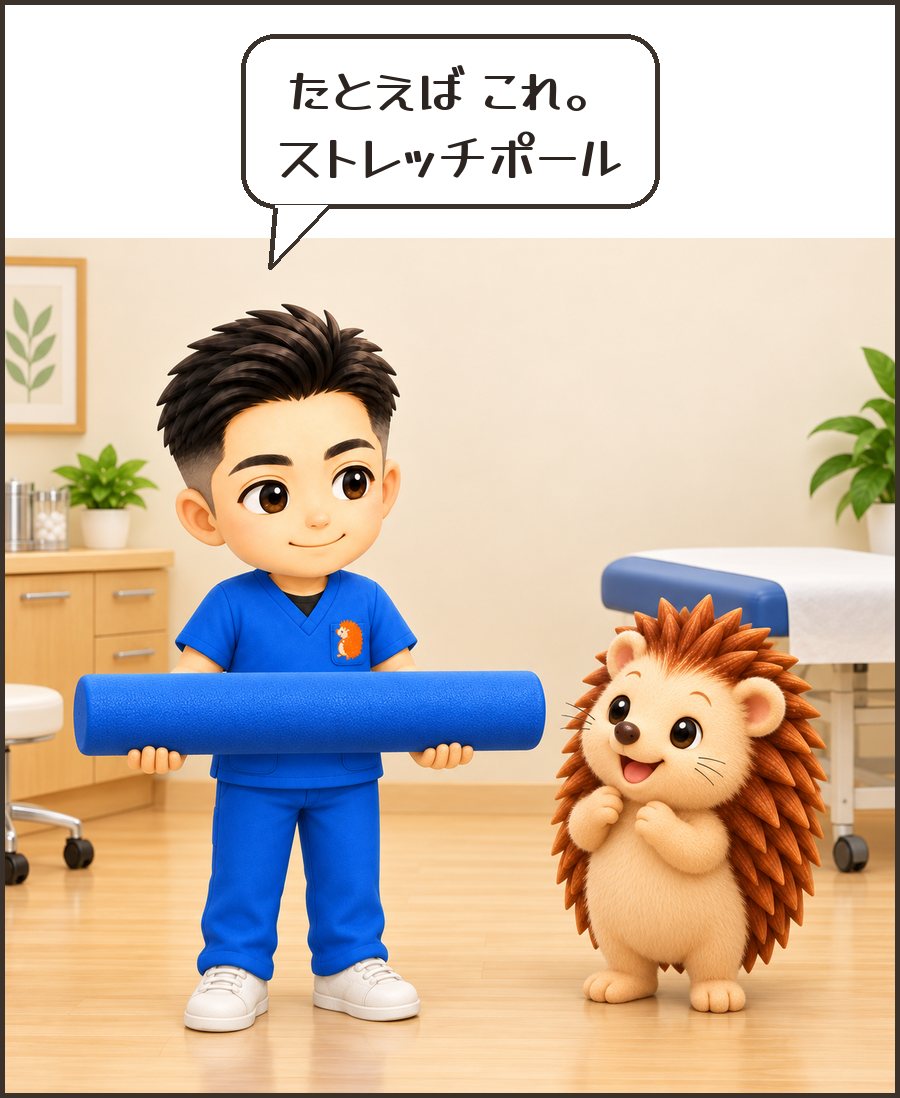 ストレッチポールを見せる院長「たとえば これ。ストレッチポール」
