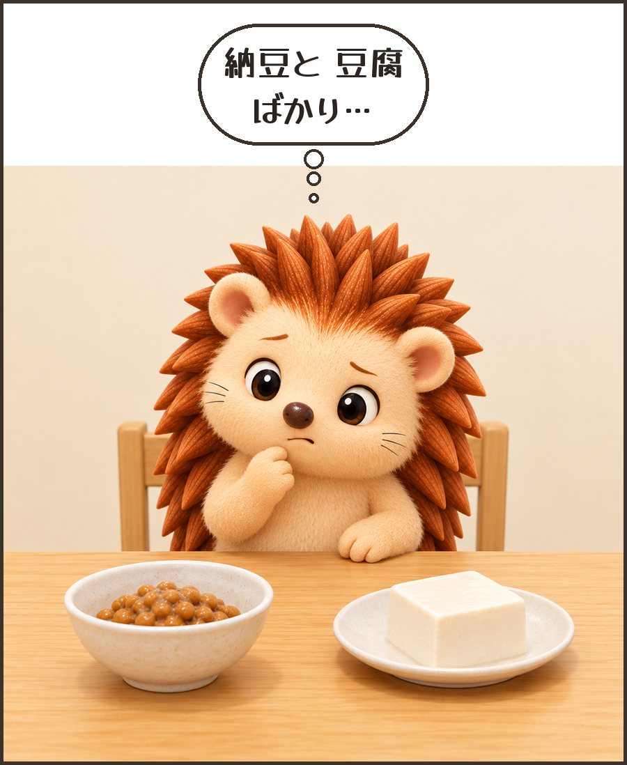 納豆と豆腐を前にするハリーちゃん「納豆と 豆腐 ばかり…」