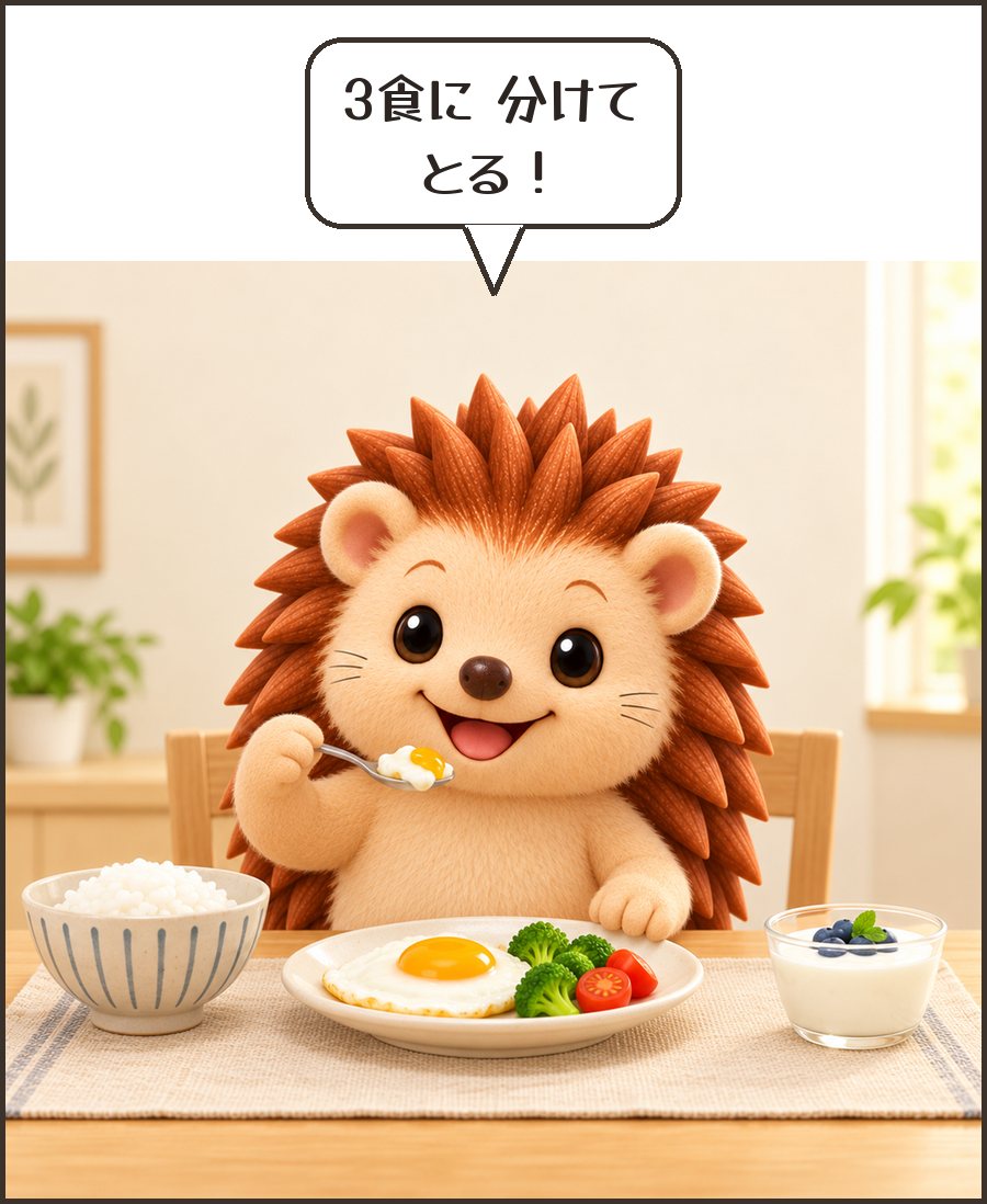 卵の朝ごはんを食べるハリーちゃん「3食に 分けて とる！」