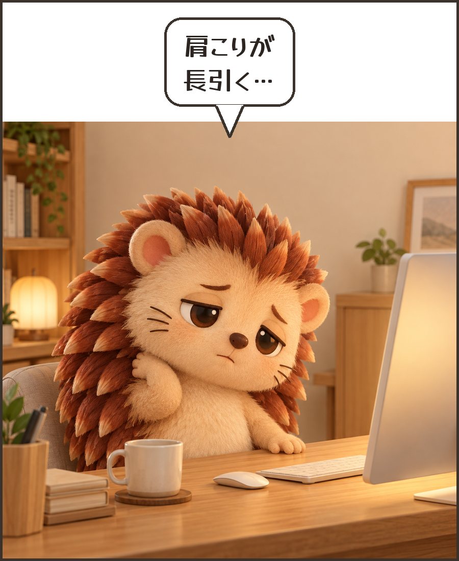 肩をさするハリーちゃん「肩こりが 長引く…」