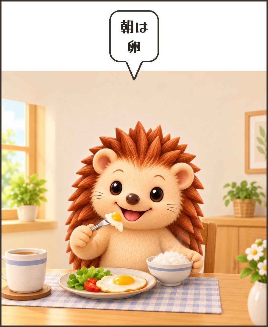 目玉焼きを食べるハリーちゃん「朝は 卵」