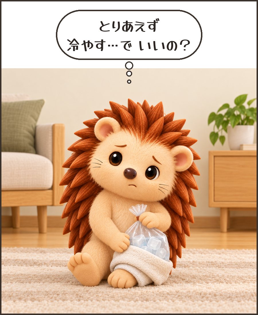 氷を手に迷うハリーちゃん「とりあえず 冷やす…で いいの？」
