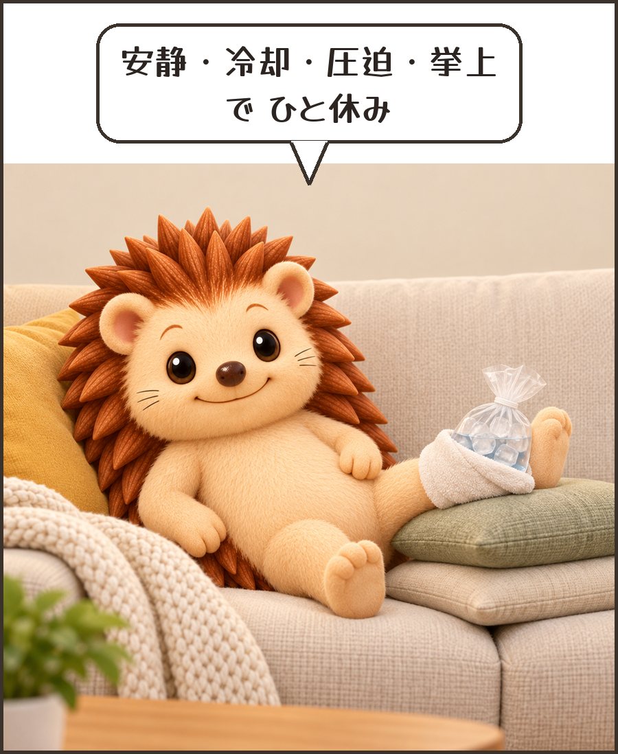 足を高くして冷やすハリーちゃん「安静・冷却・圧迫・挙上 で ひと休み」