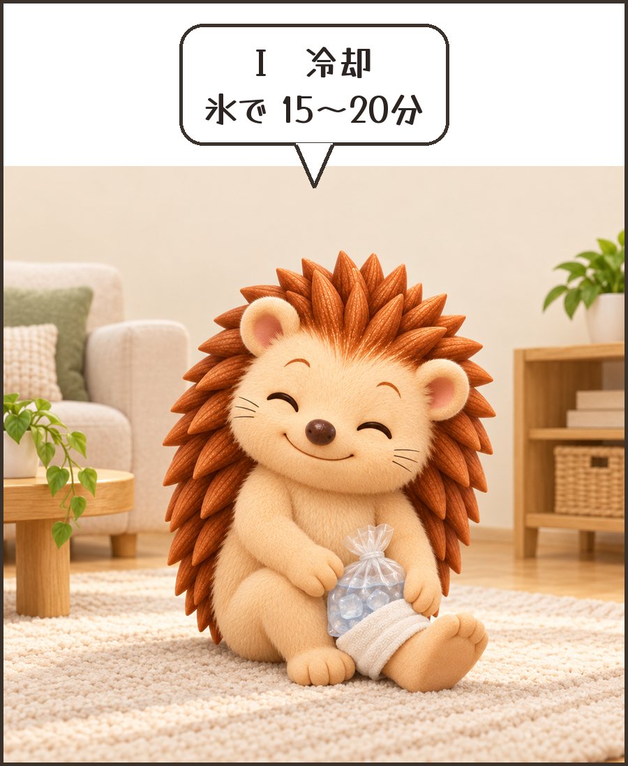 氷で足首を冷やすハリーちゃん「I 冷却 氷で 15〜20分」