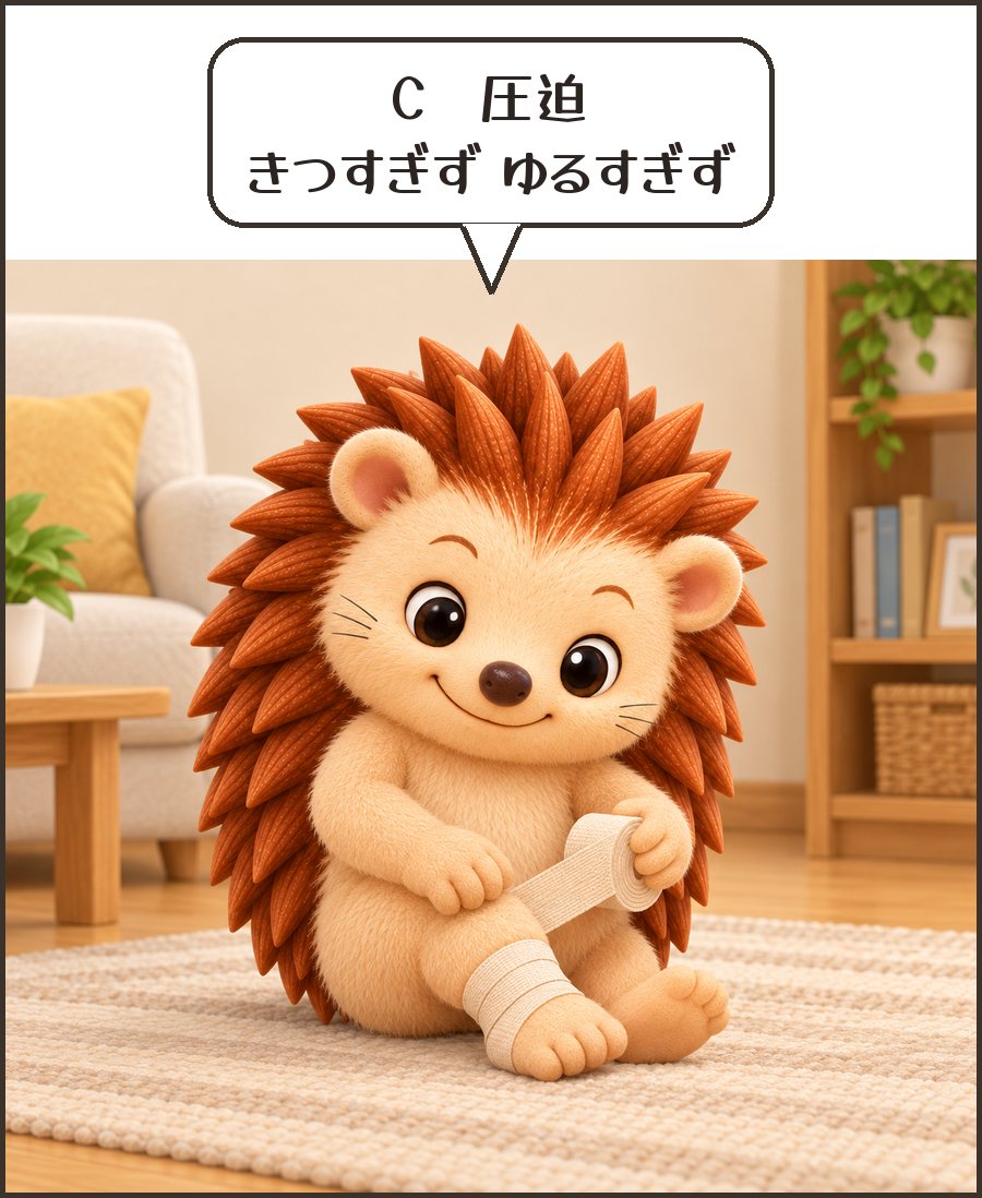 弾性包帯を巻くハリーちゃん「C 圧迫 きつすぎず ゆるすぎず」