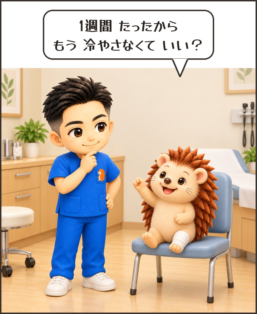 足首に包帯を巻いたハリーちゃん「1週間 たったから もう 冷やさなくて いい？」