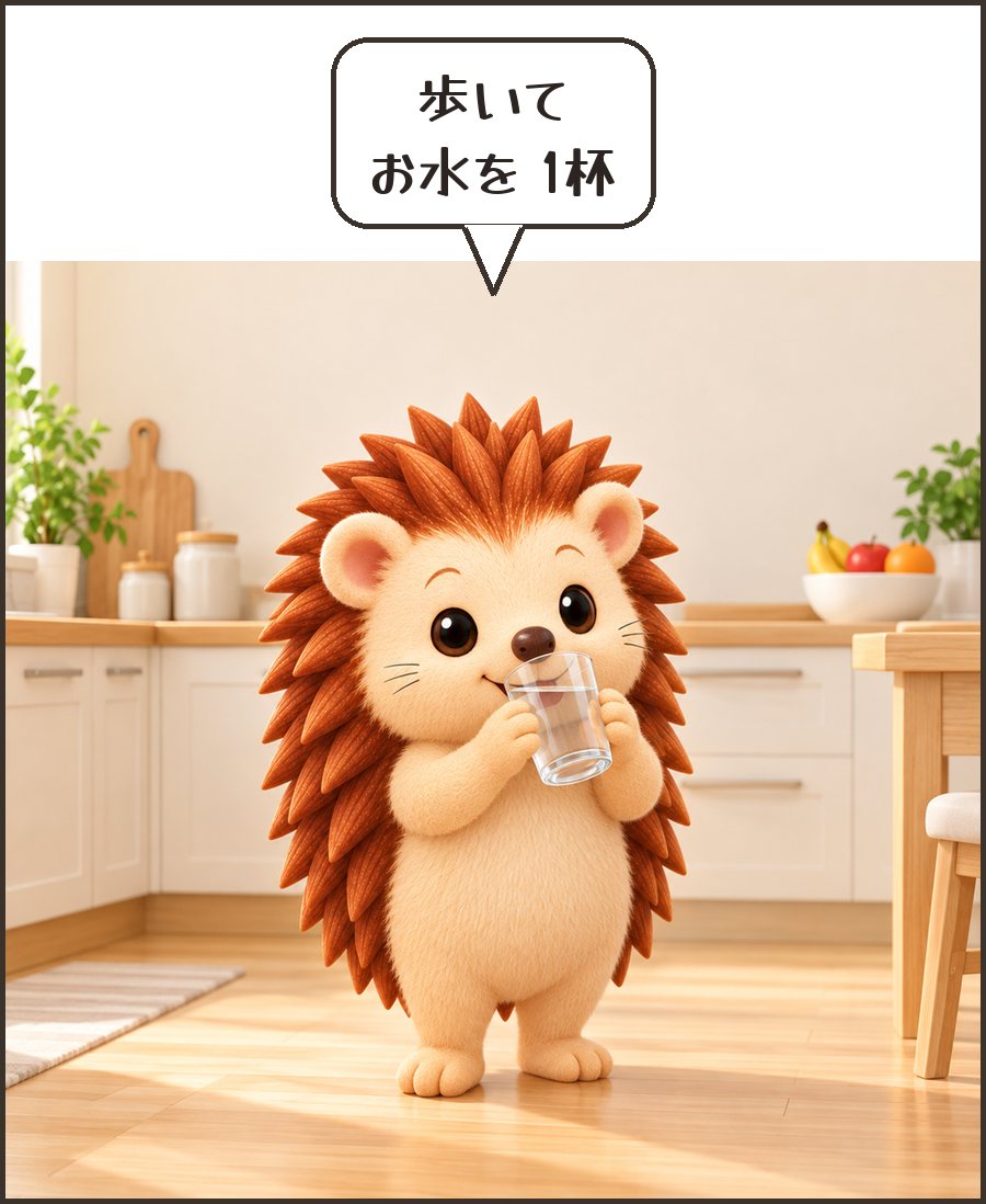 水を飲むハリーちゃん「歩いて お水を 1杯」