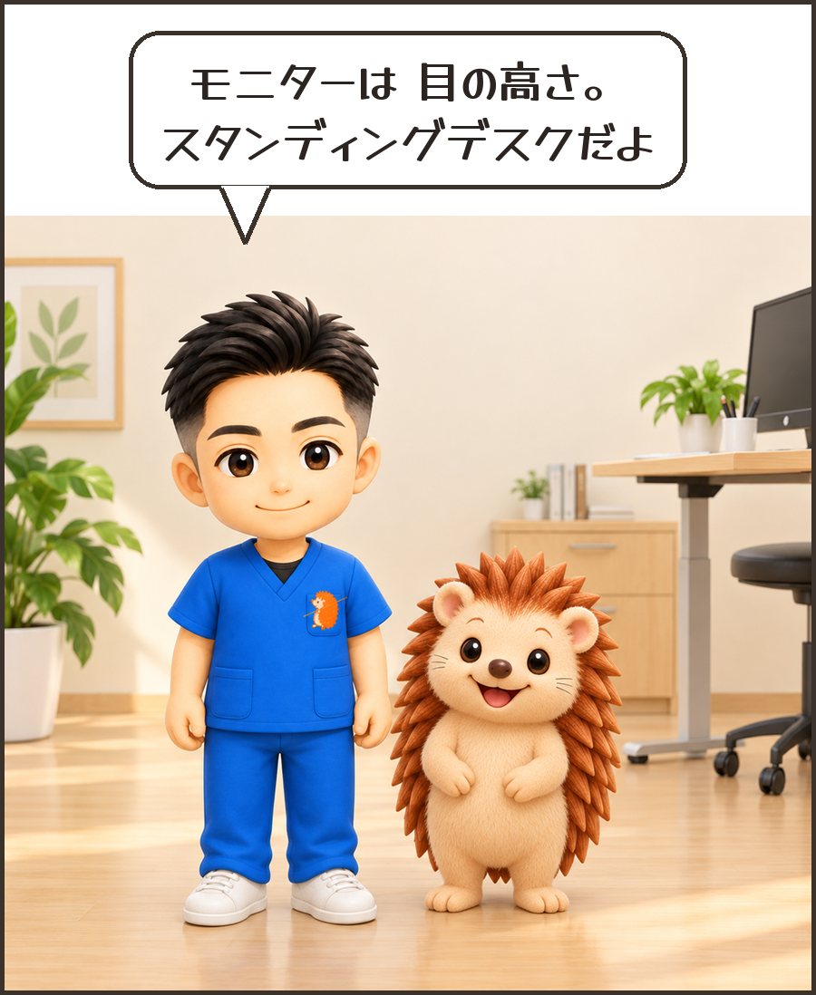 院長「モニターは 目の高さ。スタンディングデスクだよ」