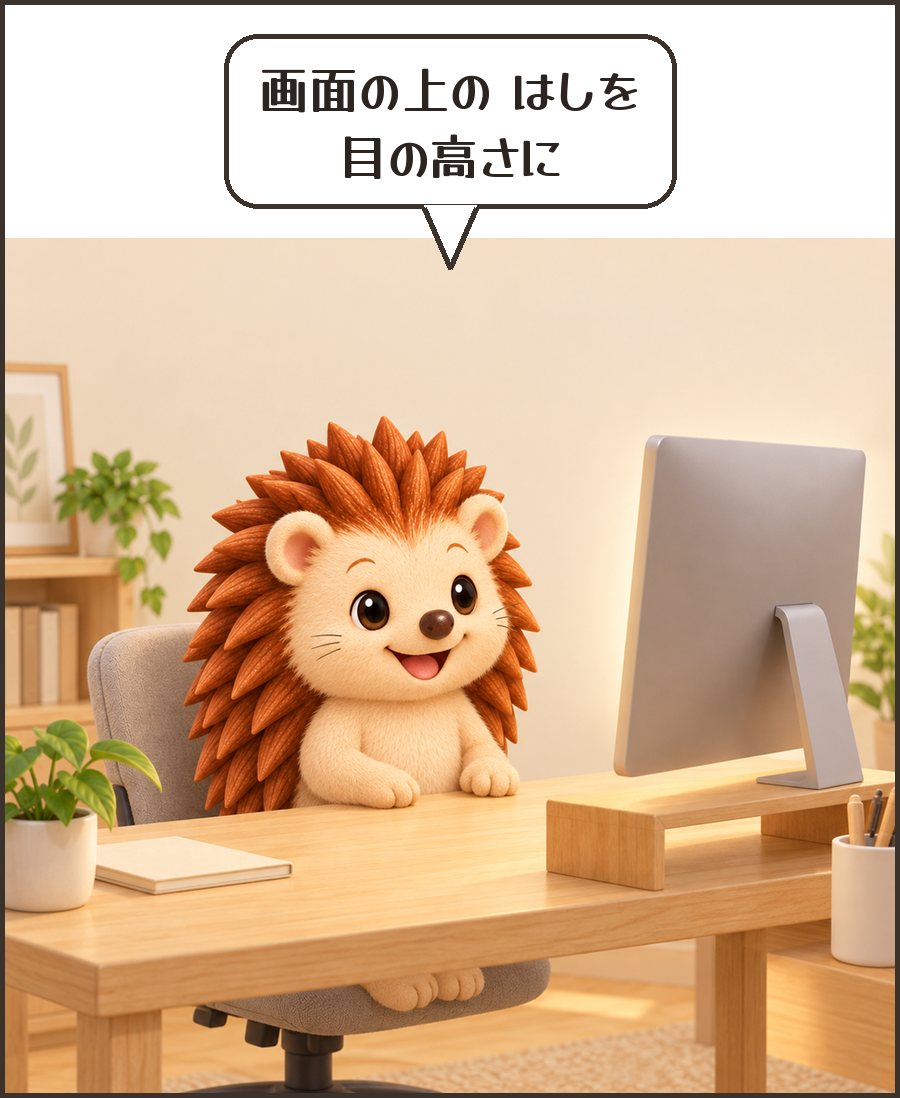 モニター台で画面を上げたハリーちゃん「画面の上の はしを 目の高さに」
