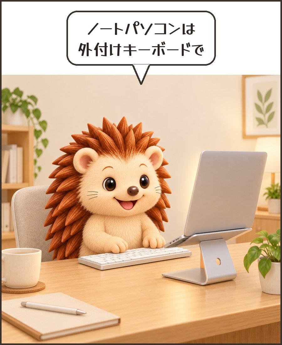 外付けキーボードで打つハリーちゃん「ノートパソコンは 外付けキーボードで」