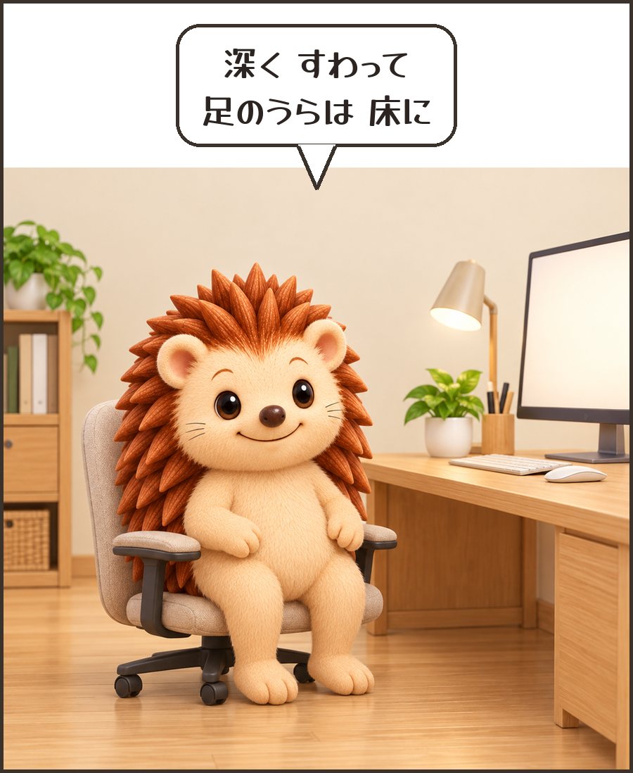深く座るハリーちゃん「深く すわって 足のうらは 床に」