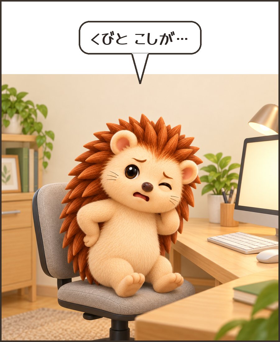 首と腰を押さえるハリーちゃん「くびと こしが…」