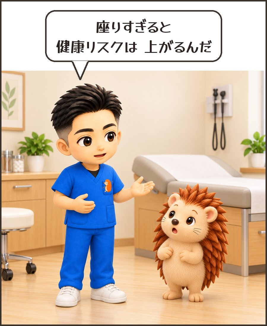 院長「座りすぎると 健康リスクは 上がるんだ」