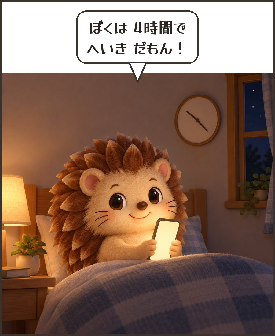 夜中にスマホを見るハリーちゃん「ぼくは 4時間で へいき だもん！」