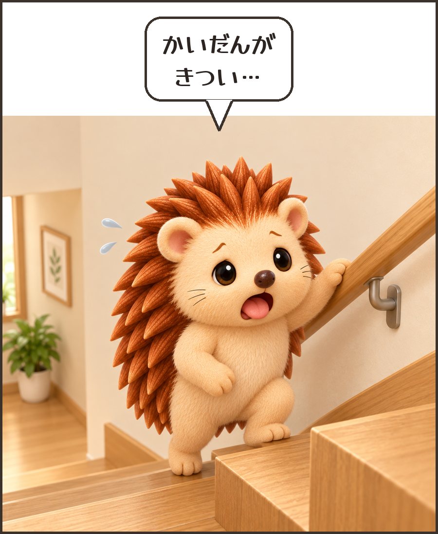 手すりにつかまって階段をのぼるハリーちゃん「かいだんが きつい…」