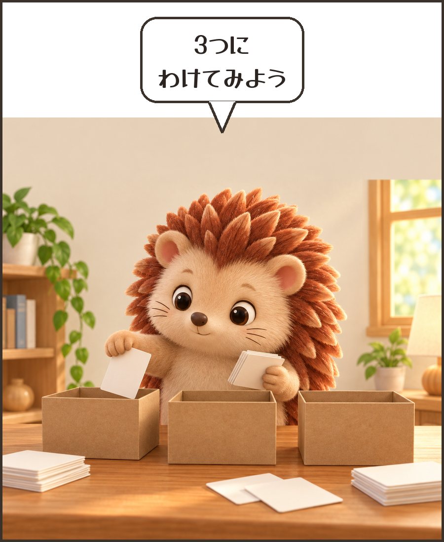 カードを3つの箱に分けるハリーちゃん「3つに わけてみよう」