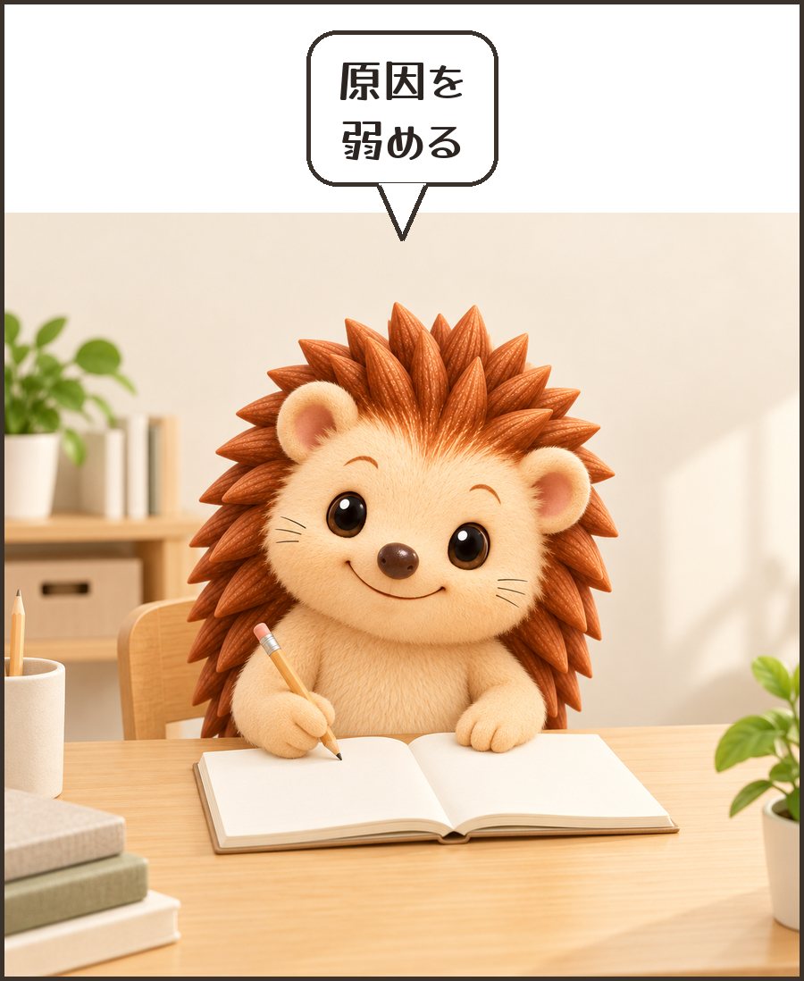 ノートを整理するハリーちゃん「原因を 弱める」