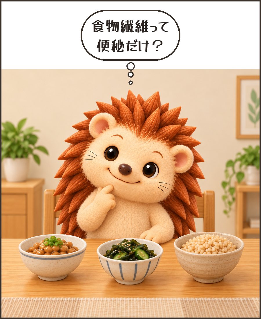 納豆と海藻と玄米を前にするハリーちゃん「食物繊維って 便秘だけ？」