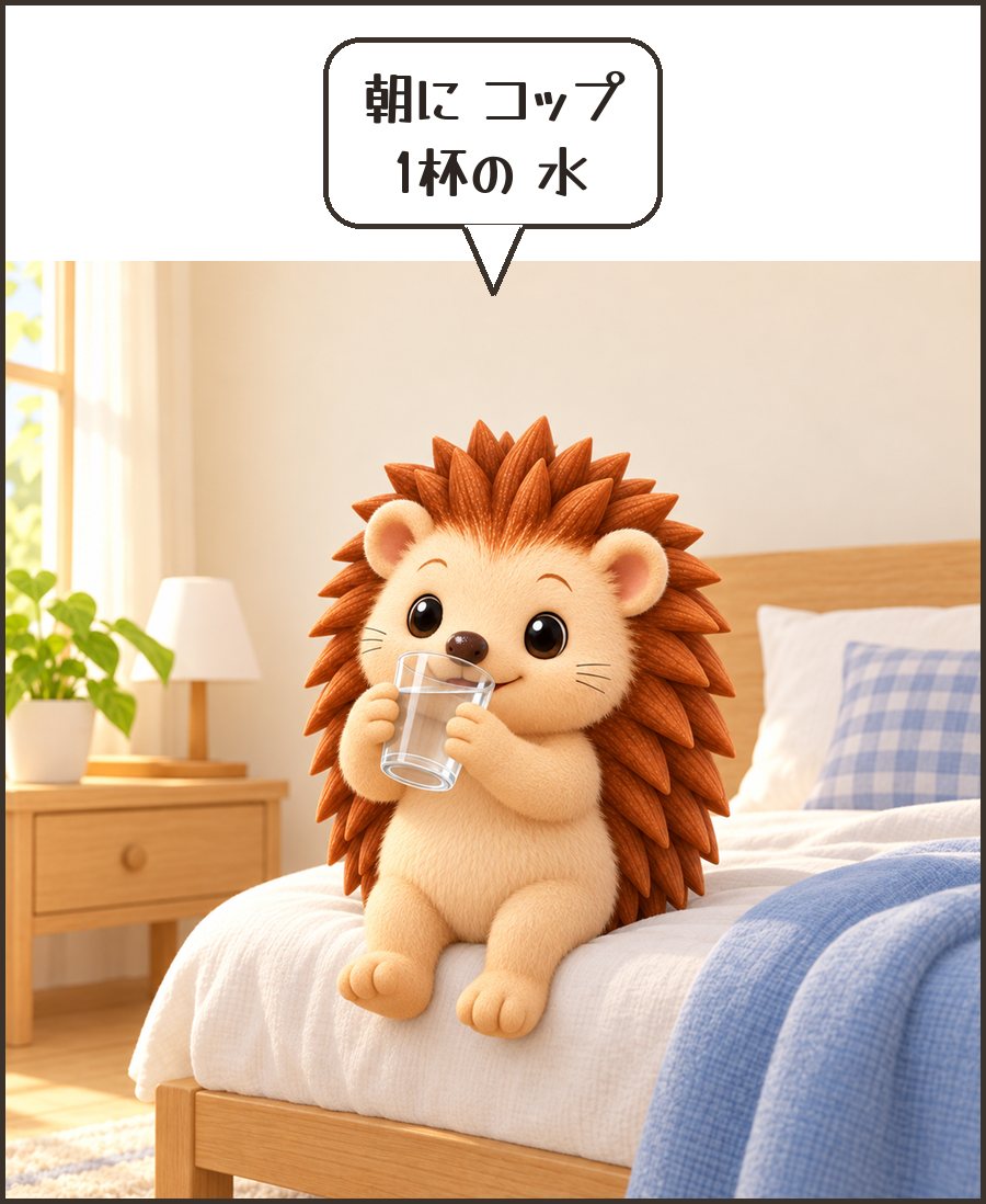 起きてすぐ水を飲むハリーちゃん「朝に コップ 1杯の 水」