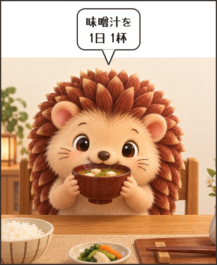 味噌汁を飲むハリーちゃん「味噌汁を 1日 1杯」