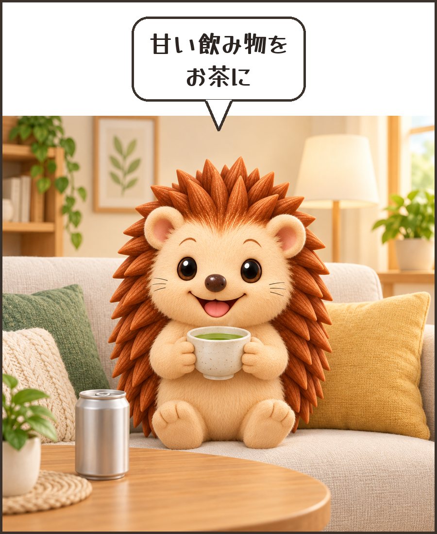 お茶を飲むハリーちゃん「甘い飲み物を お茶に」