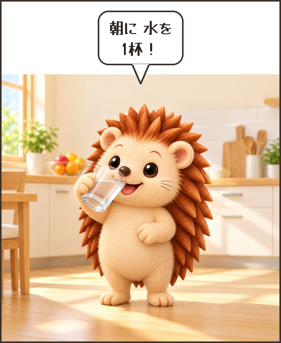 朝に水を飲むハリーちゃん「朝に 水を 1杯!」