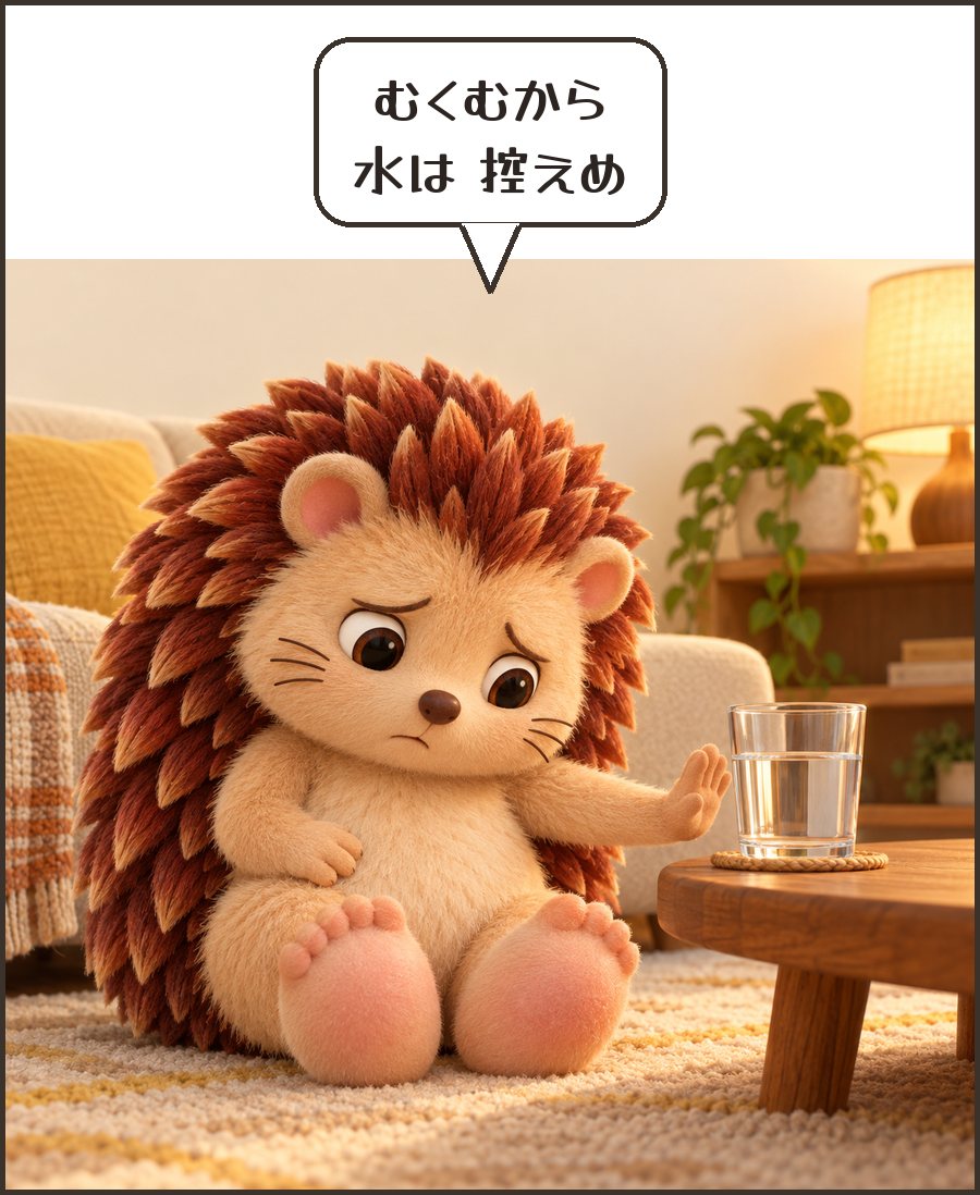 水を遠ざけるハリーちゃん「むくむから 水は 控えめ」