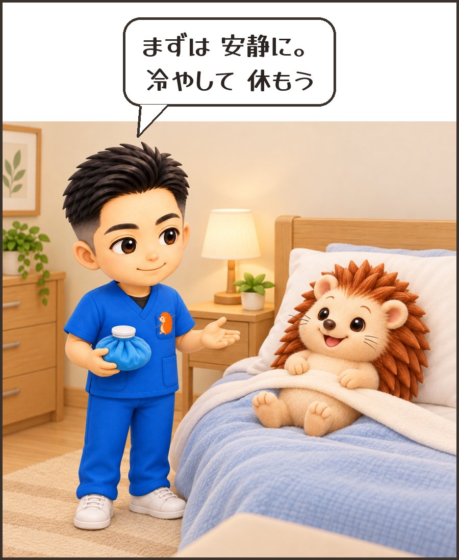 保冷剤を持つ院長「まずは 安静に。冷やして 休もう」