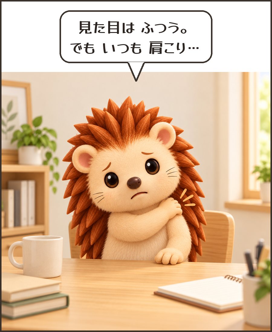 肩をさするハリーちゃん「見た目は ふつう。でも いつも 肩こり…」