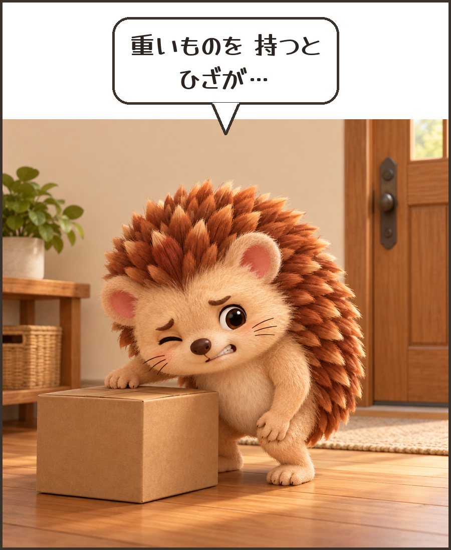 重い箱を持って膝に手をやるハリーちゃん「重いものを 持つと ひざが…」