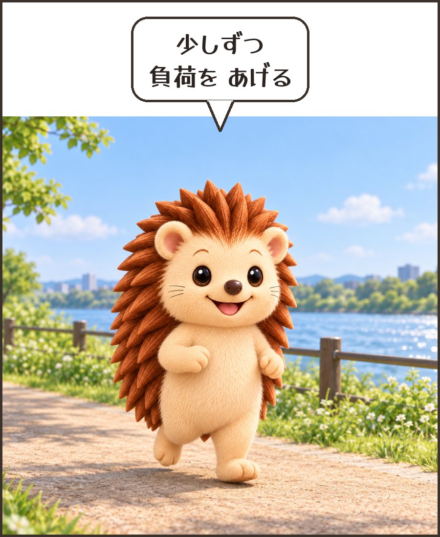 ゆっくり走るハリーちゃん「少しずつ 負荷を あげる」