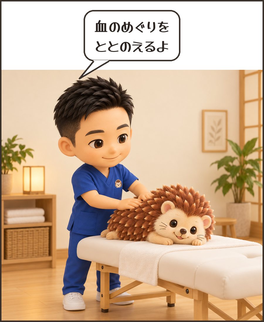背中をほぐす院長「血のめぐりを ととのえるよ」